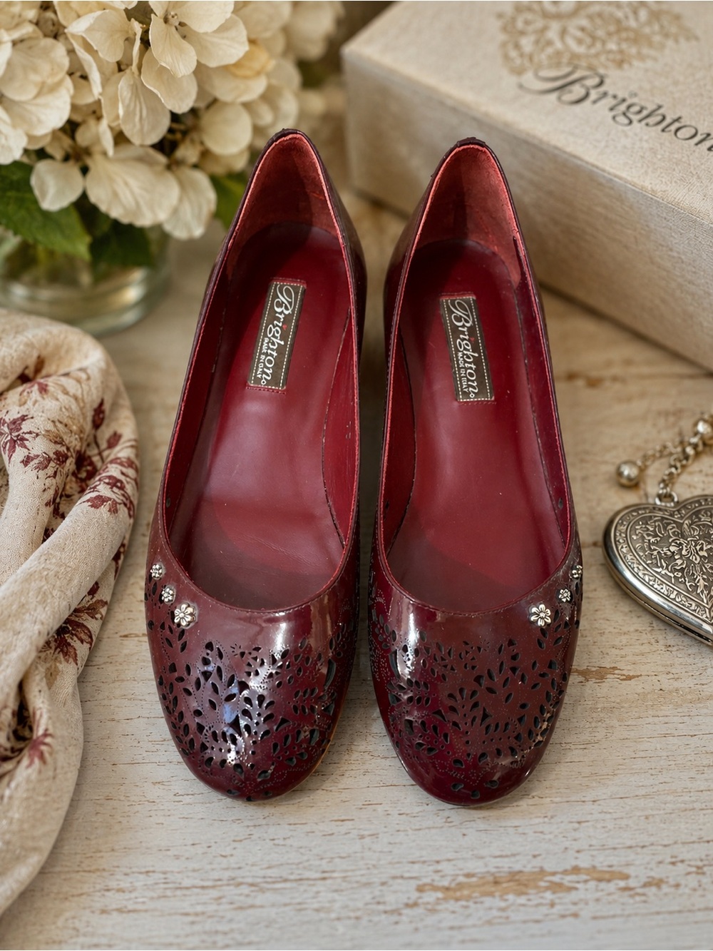 Brighton Women's Italy Burgundy Leather Floral Cutout Ballet Comfort Flats 6 1/2